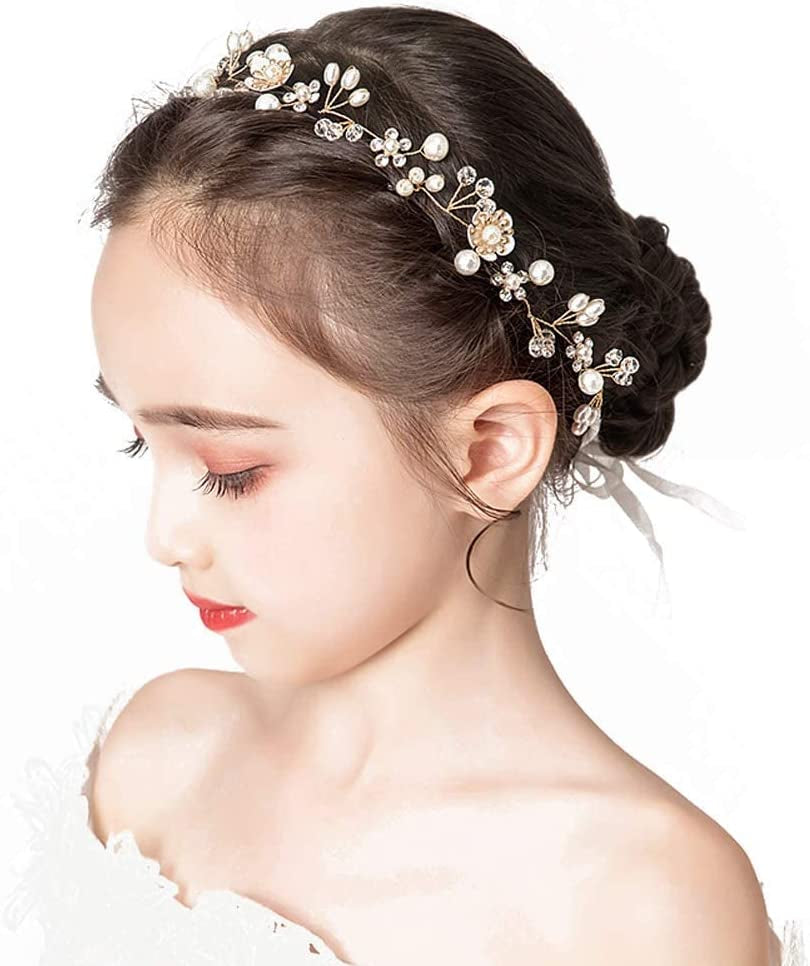 Wedding Hair Accessories for Kids, Princess Headpiece White Flower Headband Pearl Hair Dress for Girl and Flower Girls Cute Bridal Wedding Hair Band