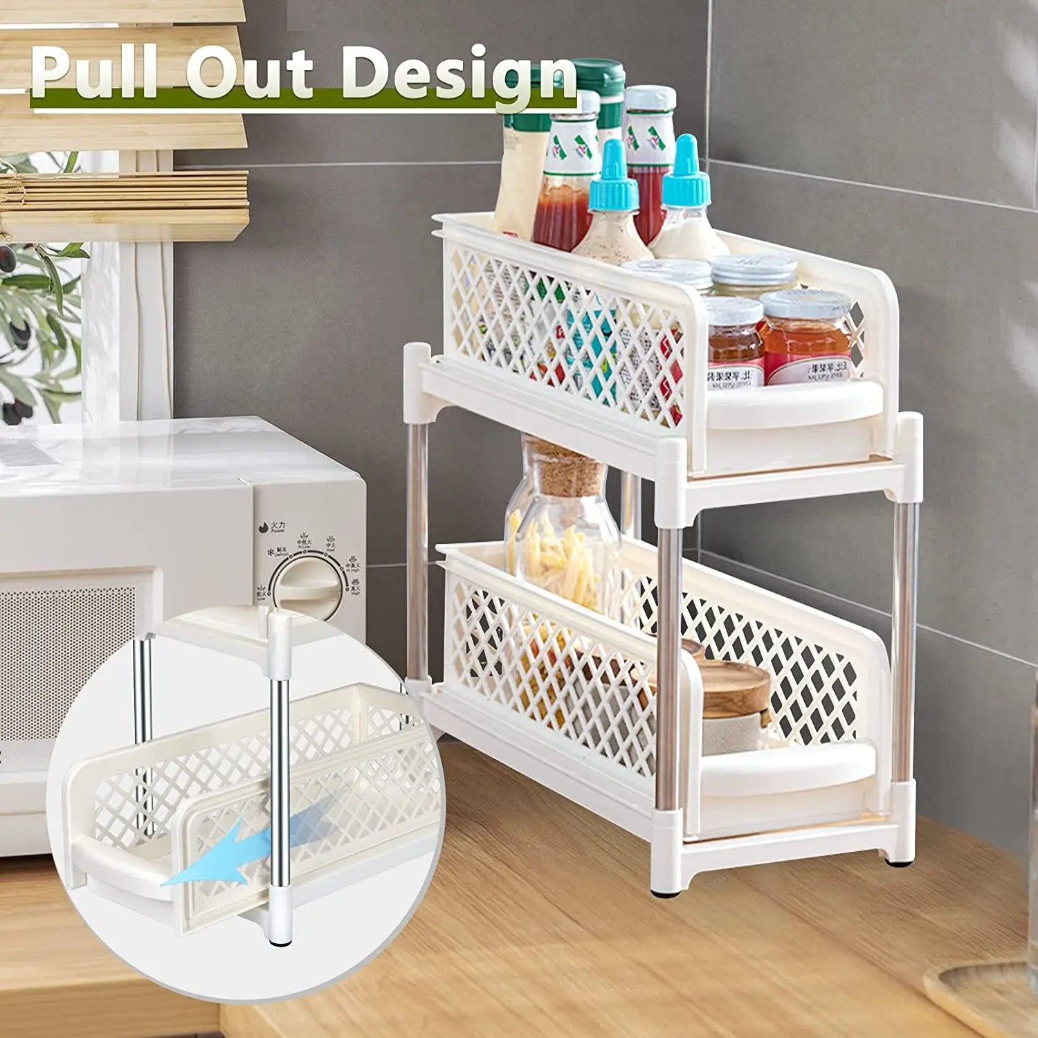 2 Tier Spice Rack Organizer with Sliding Drawer Organizer, under Sink Organizers and Storage Rack Pull Out Cabinet Basket Organizer for Bathroom Kitchen Bedroom, Beige