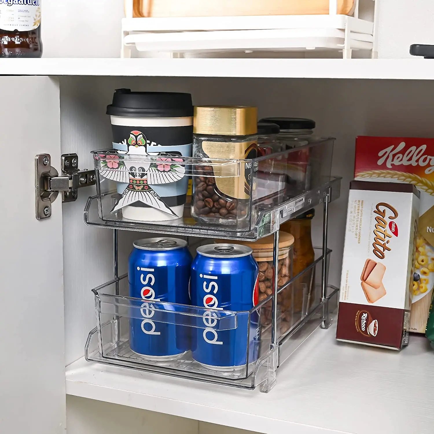 2 Tier Clear Organizer with Dividers, Multi-Purpose Slide-Out Kitchen Pantry Storage Container, Bathroom Vanity Counter Organizing Tray, under Sink Closet Organization, Medicine Cabniet Storage Bins