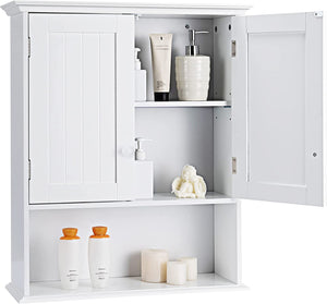 Bathroom Wall Cabinet, 2-Door Wall Mount Cabinet W/Hanging Design, Wooden Medicine Cabinet W/Adjustable Built-In Shelf, Kitchen/Laundry Storage Cupboard with Ample Storage Space (Gray/White)