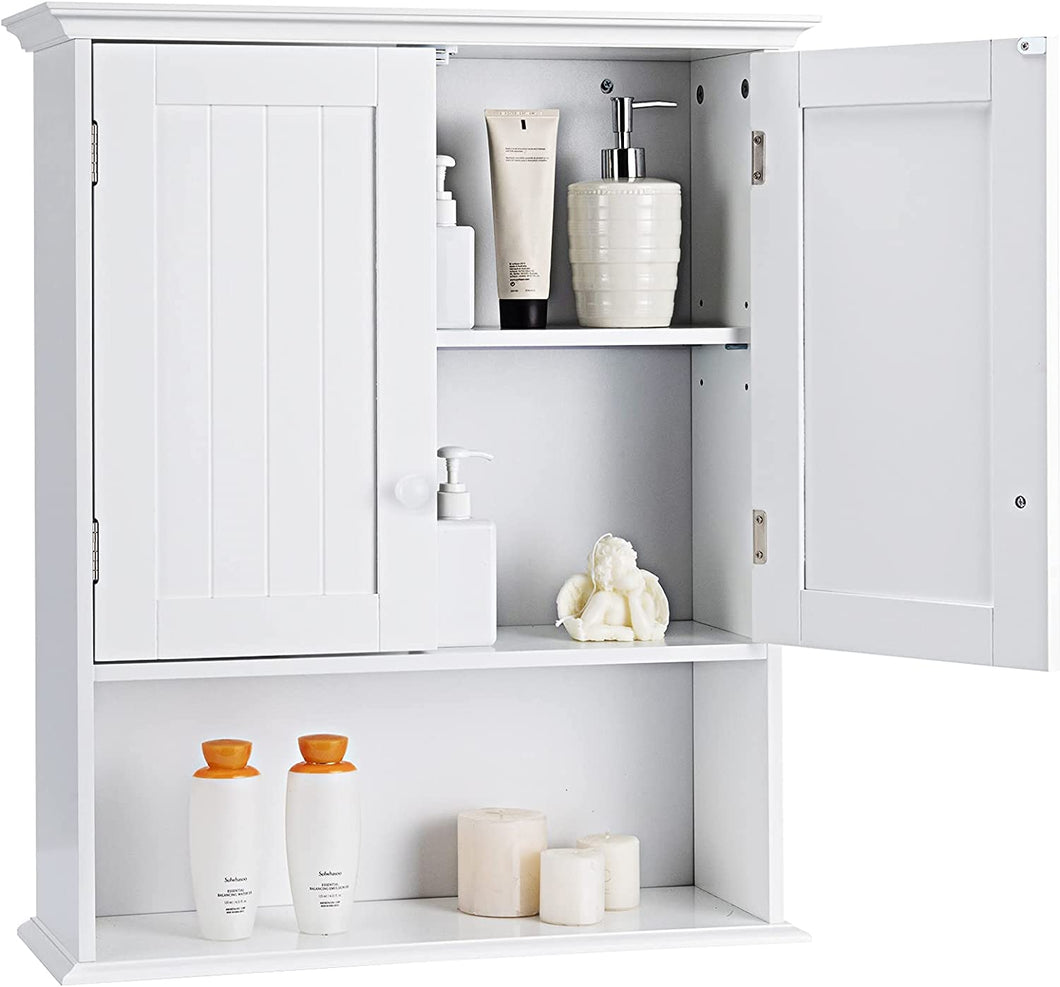 Bathroom Wall Cabinet, 2-Door Wall Mount Cabinet W/Hanging Design, Wooden Medicine Cabinet W/Adjustable Built-In Shelf, Kitchen/Laundry Storage Cupboard with Ample Storage Space (Gray/White)