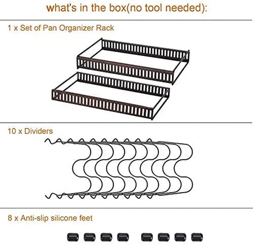 Expandable Pans Organizer Rack, 10 Adjustable Compartments, Cookware Holder for Pantry or Cabinet, Black