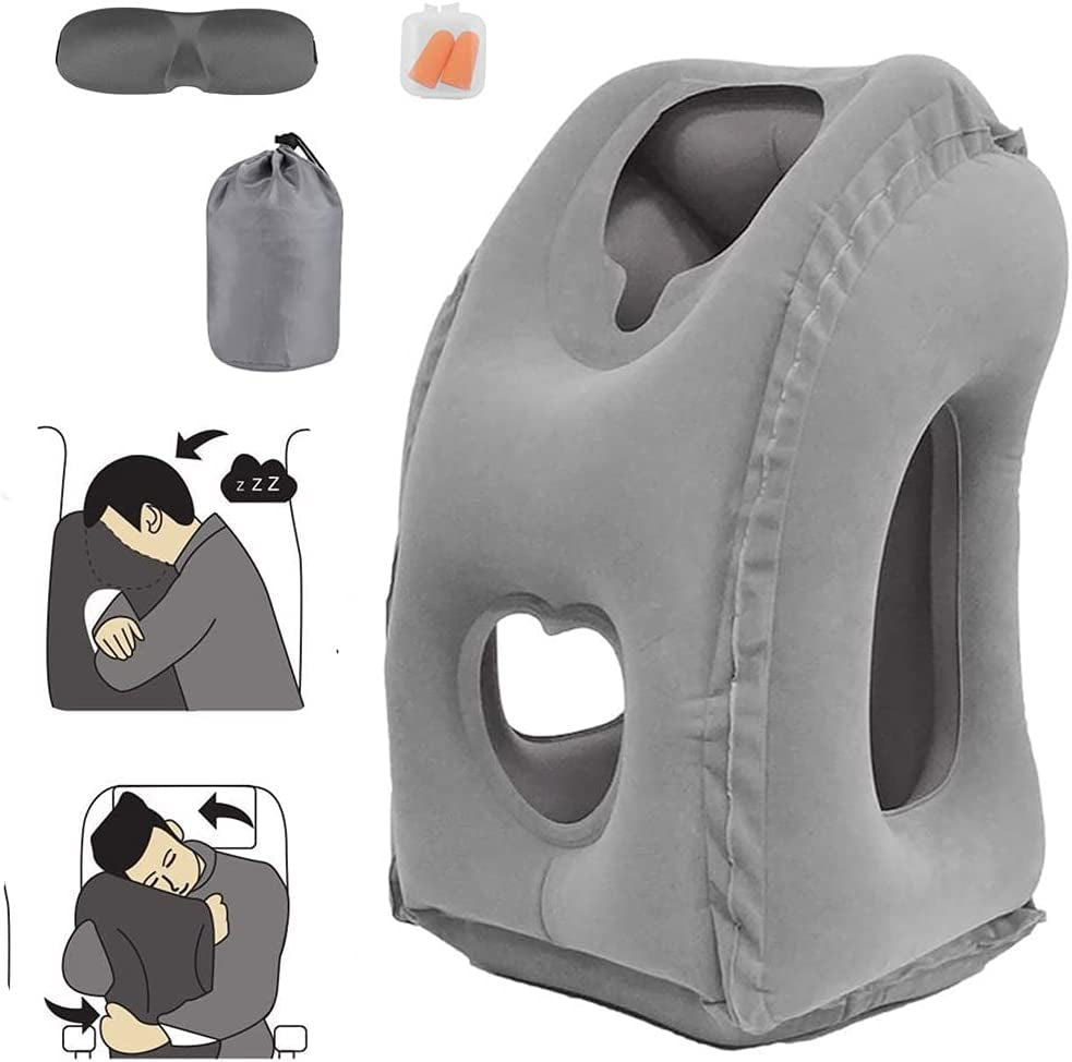 Inflatable Travel Pillow,  Inflatable Airplane Pillow Comfortably Supports the Head, Neck and Chin, Inflatable Neck Pillow with Free Eye Mask/Earplugs (Grey)