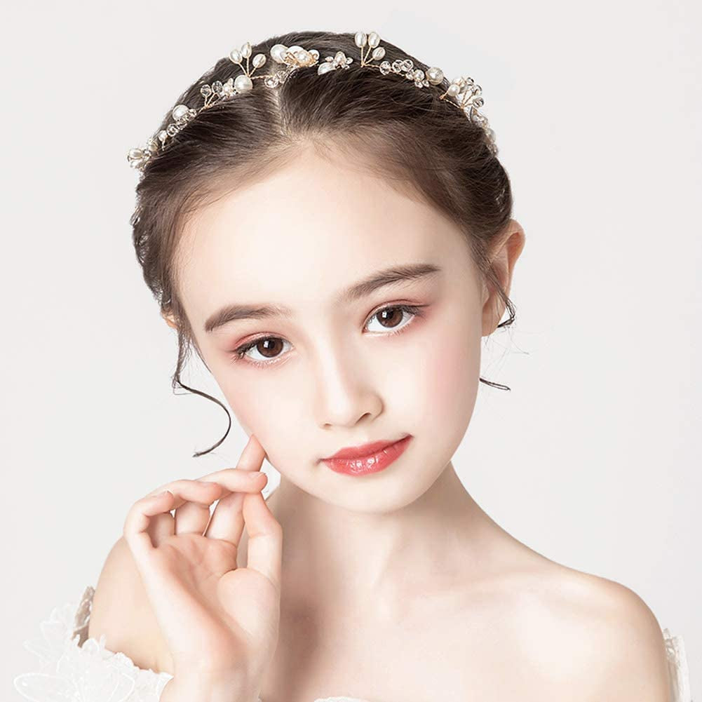 Wedding Hair Accessories for Kids, Princess Headpiece White Flower Headband Pearl Hair Dress for Girl and Flower Girls Cute Bridal Wedding Hair Band