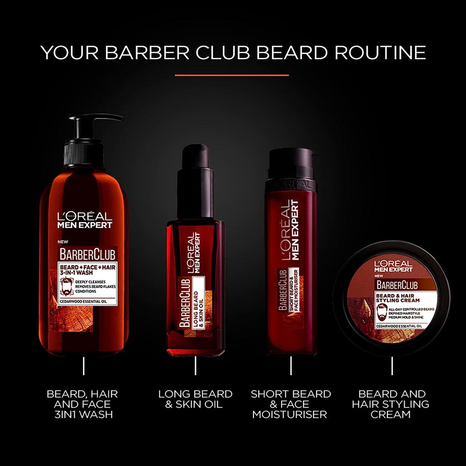 L'Oréal Paris 3-In-1 Beard, Face and Hair Cleansing Wash for Men, Enriched with Essential Oils, Men Expert Barber Club, 200Ml