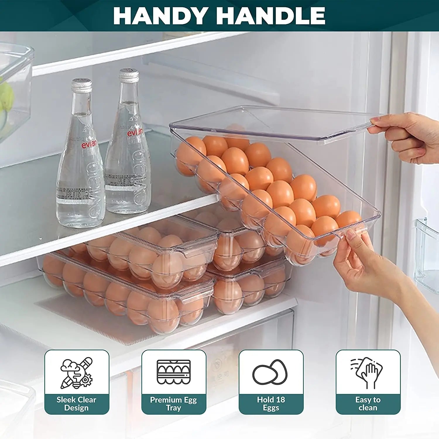 Egg Holder Tray Storage Fridge Container Box with Lid & Handles, Grid Egg Storage Containers for Refrigerator, Kitchen Utensil Gadgets and Accessories (18 Eggs)