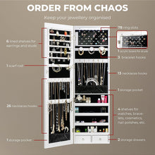 Load image into Gallery viewer, LED Jewelry Cabinet Armoire Lockable with Mirror, Jewelry Storage Organiser Large Space,Wall/Door Mounted Dressing Mirror Full Length for Bedroom,Living Room,Bathroom, 37X10X120Cm (White)

