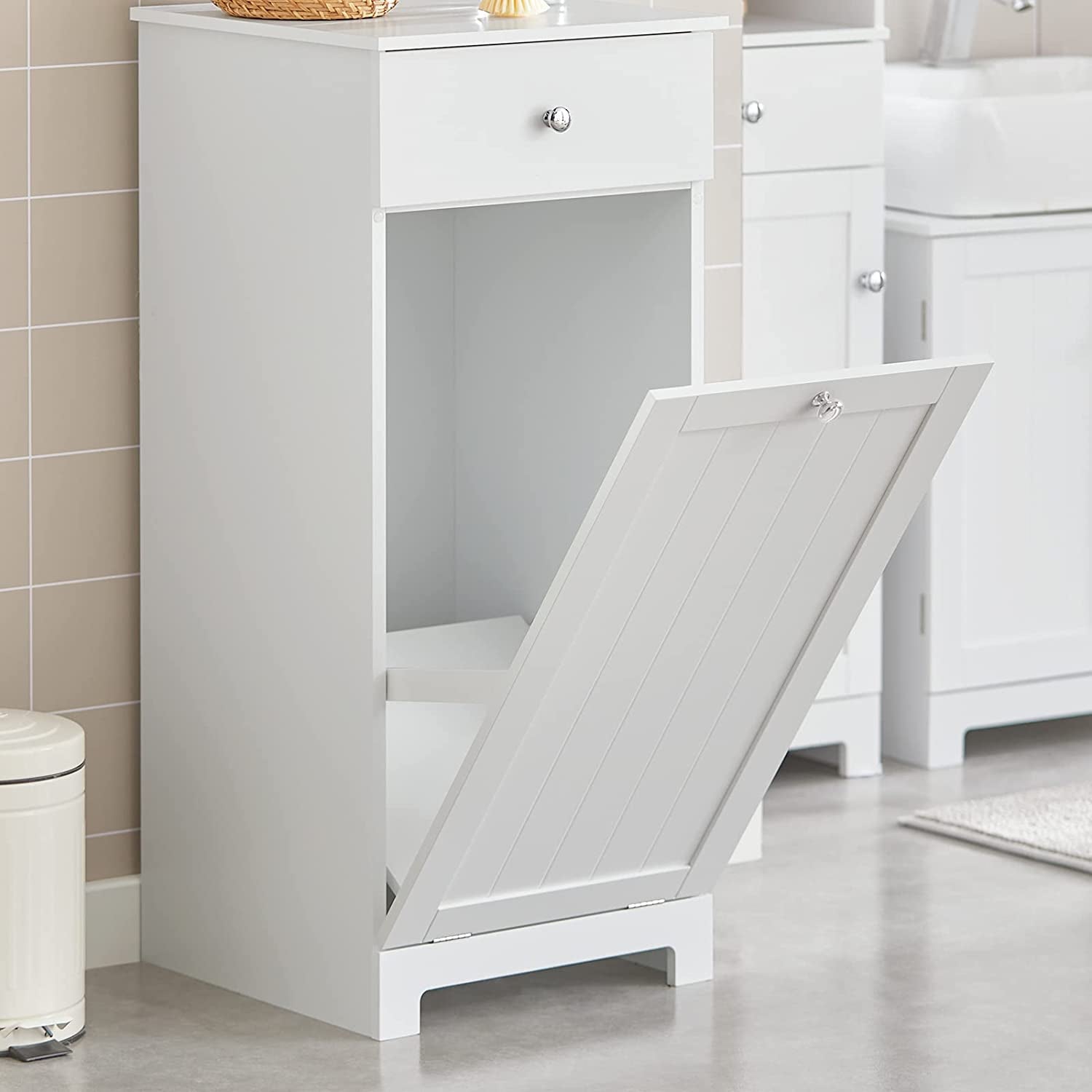 White Laundry Cabinet with Basket and Drawer, Tilt-Out Laundry Hamper, Storage Cabinet, BZR21-W