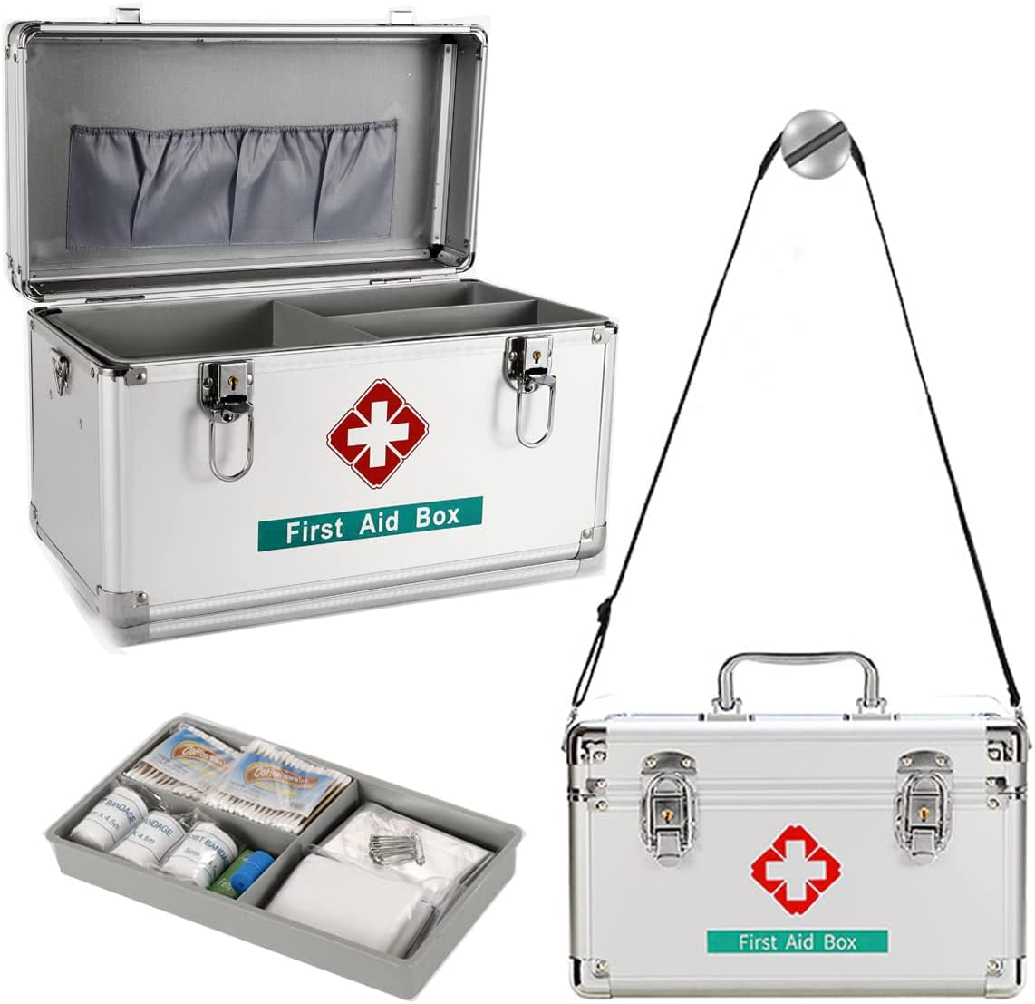 Premium 14 Inches Empty First Aid Box with an Internal 3 Grid Tray and Shoulder Strap, Aluminum Alloy Framed, Portable Home & Work Medicine Box for Medical and Health Industry Workers
