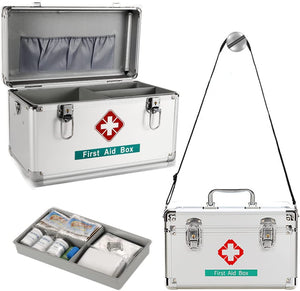 Premium 14 Inches Empty First Aid Box with an Internal 3 Grid Tray and Shoulder Strap, Aluminum Alloy Framed, Portable Home & Work Medicine Box for Medical and Health Industry Workers