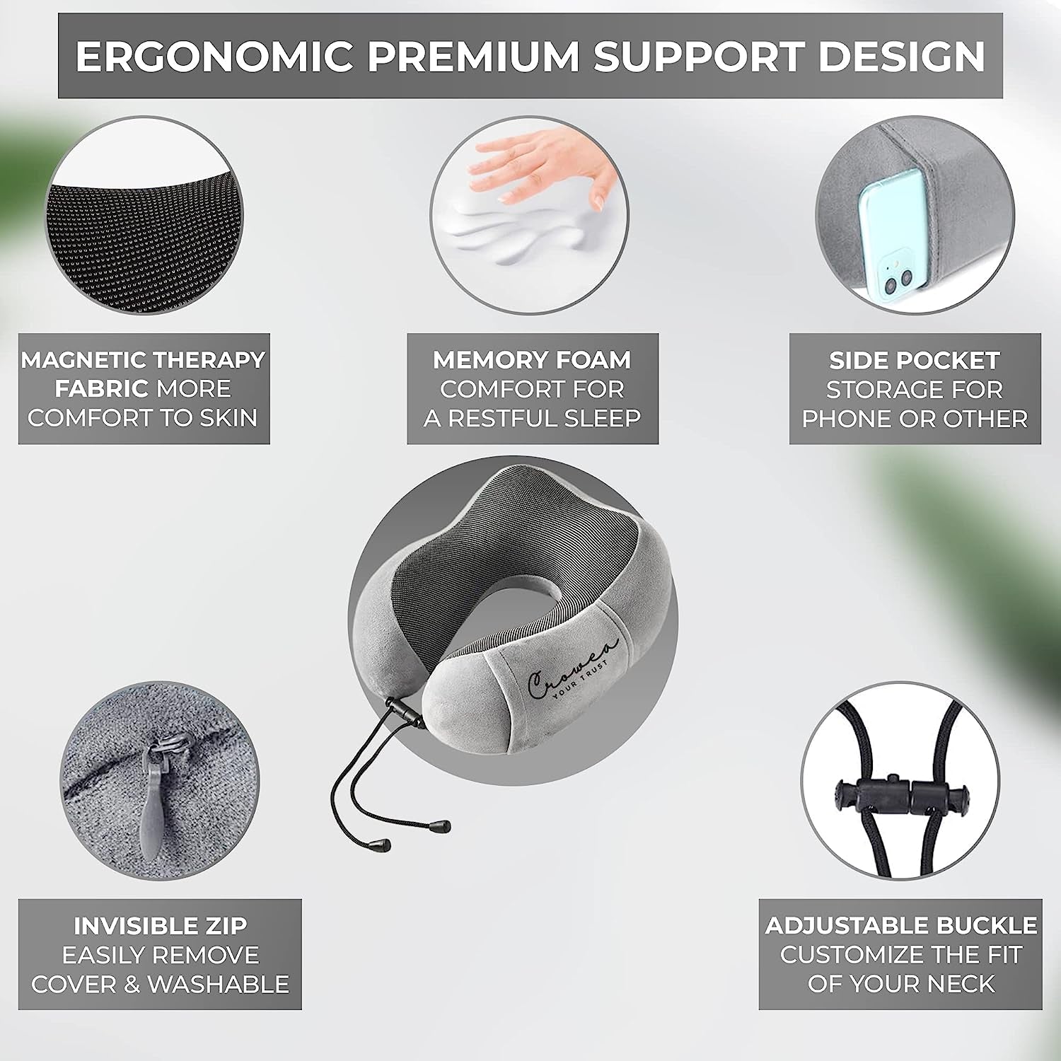 Travel Pillow - 100% Pure Memory Foam Neck Pillow with 360 Degree Comfortable & Breathable Head Support, Includes Luxury Bag, Sleep Mask & Earplugs for Airplane, Car, Train and Bus (Light Grey)