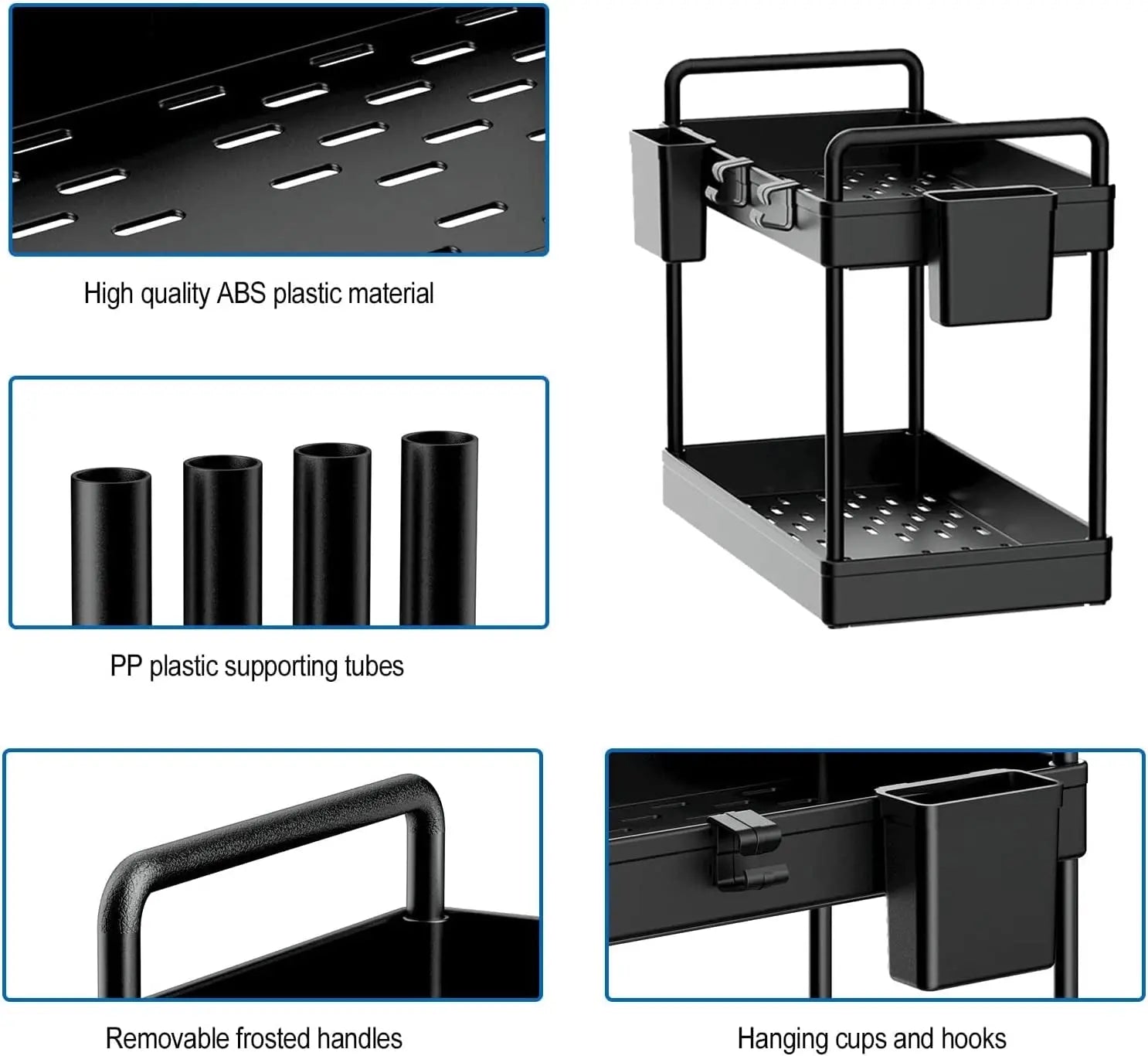 2 Pack under Sink Organizers and Storage, 2 Tier Kitchen Cabinet Organizer with Cups and Hooks, Desktop Kitchen Organization, Black Multi-Purpose Bathroom under Sink Shelf Organizer Basket