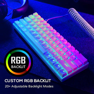 RK61 60% Mechanical Keyboard with Coiled Cable, 2.4Ghz/Bluetooth/Wired, Wireless Bluetooth Mini Keyboard 61 Keys, RGB Hot Swappable Brown Switch Gaming Keyboard with Software - White