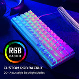 RK61 60% Mechanical Keyboard with Coiled Cable, 2.4Ghz/Bluetooth/Wired, Wireless Bluetooth Mini Keyboard 61 Keys, RGB Hot Swappable Brown Switch Gaming Keyboard with Software - White