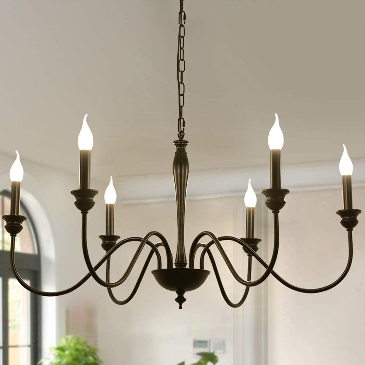 6-Light Farmhouse Chandeliers Black Classic Candle Ceiling Pendant Light Fixture Rustic Ceiling Chandelier for Foyer,Living Room,Kitchen Island,Dining Room