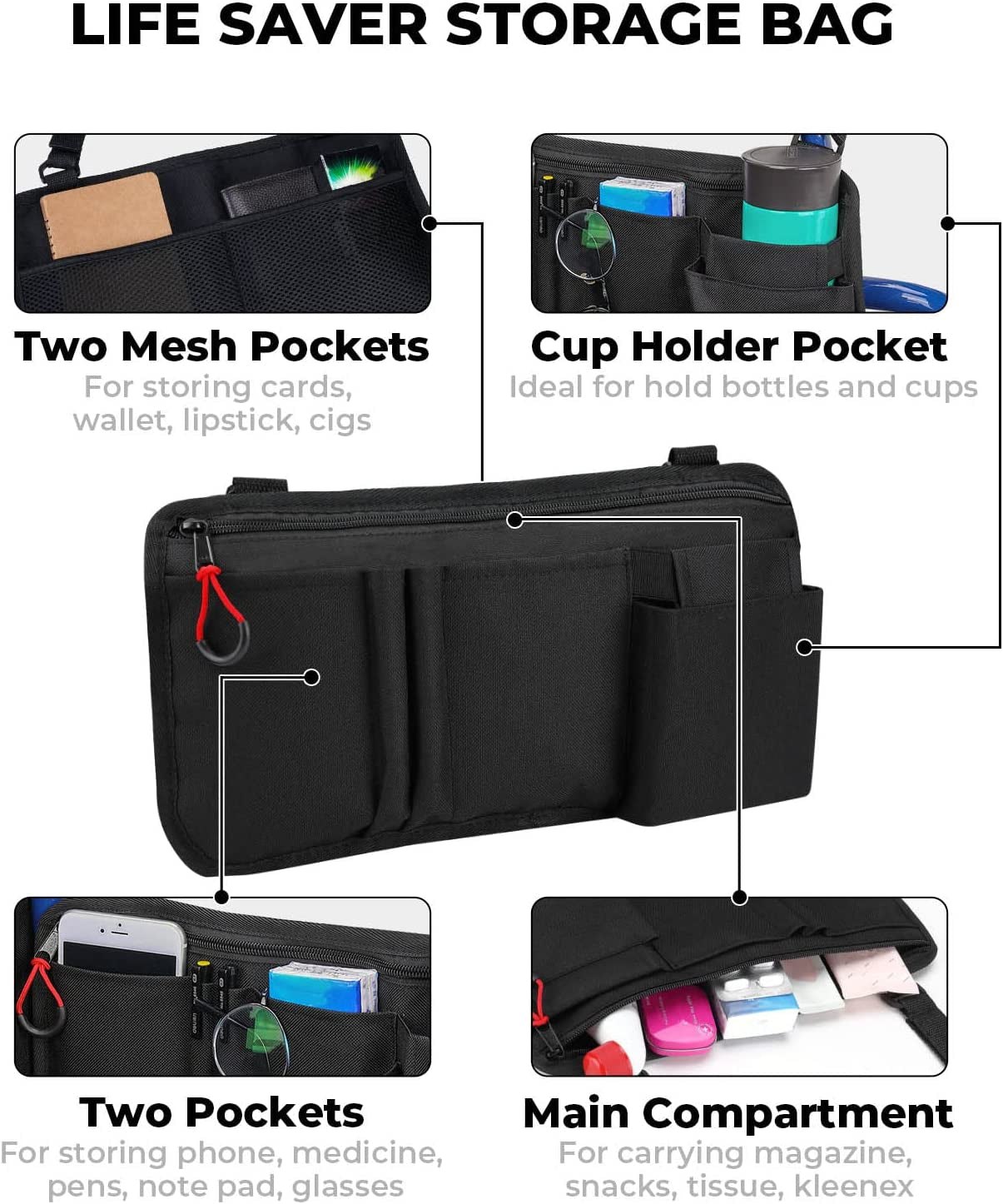 Wheelchair Pouch Bag for Walker, Rollator Walker Bags for Armrest Organizer Wheelchair, Wheelchair Side Pouch with 5 Pocket, Walker Accessories Bag with Cup Pocket