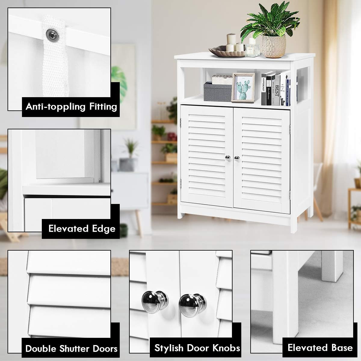 Bathroom Floor Cabinet, Wooden Storage Cabinet W/Double Shutter Door & Height Adjustable Shelf, Free Standing Kitchen Cupboard, Entryway Storage Cabinet, 60 X 30 X 80 Cm (White)