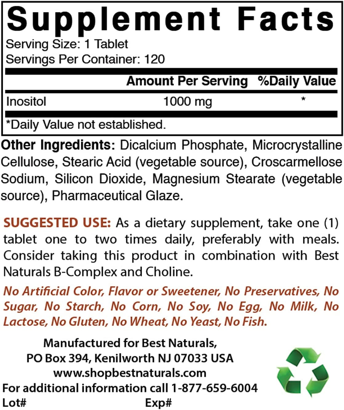 Inositol 1000Mg 120 Tablets - Also Called Vitamin B8