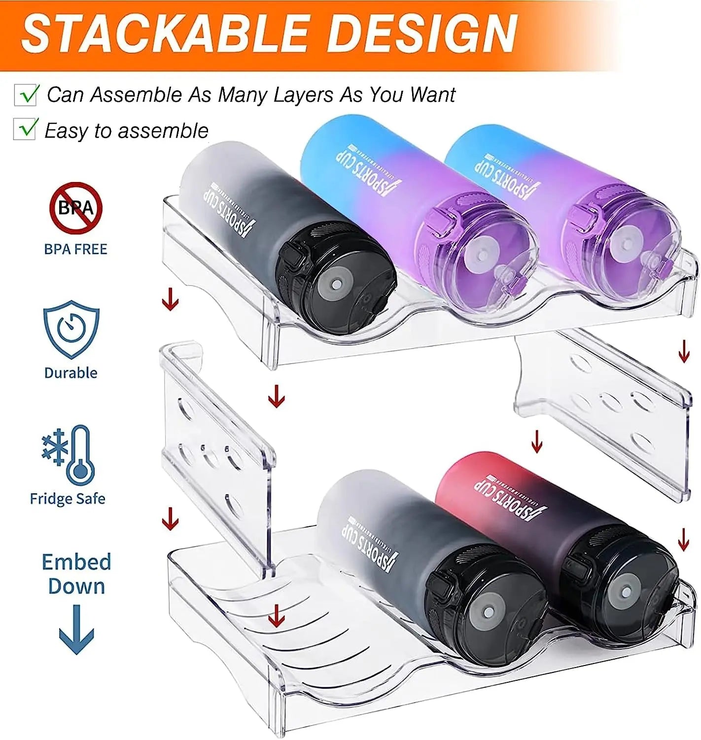 Water Bottle Organizer,4 Tier Stackable Clear Plastic Wine Rack,Water Bottle Holder,Cola Drink Organizers for Cabinet Refrigerator Pantry Kitchen Countertops,12 Bottle Acrylic Storage Racks