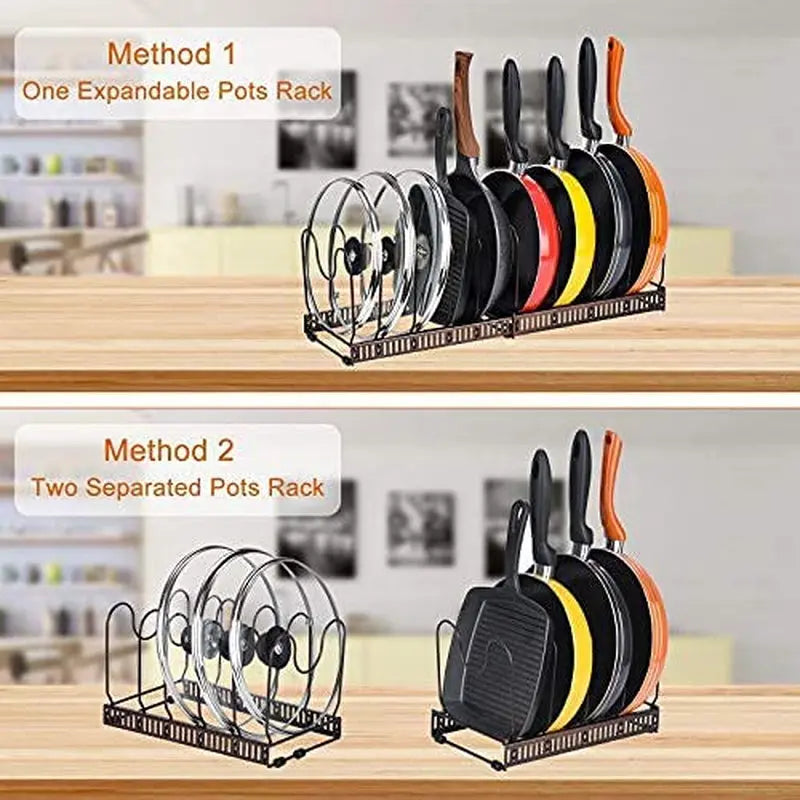 Expandable Pans Organizer Rack, 10 Adjustable Compartments, Cookware Holder for Pantry or Cabinet, Black