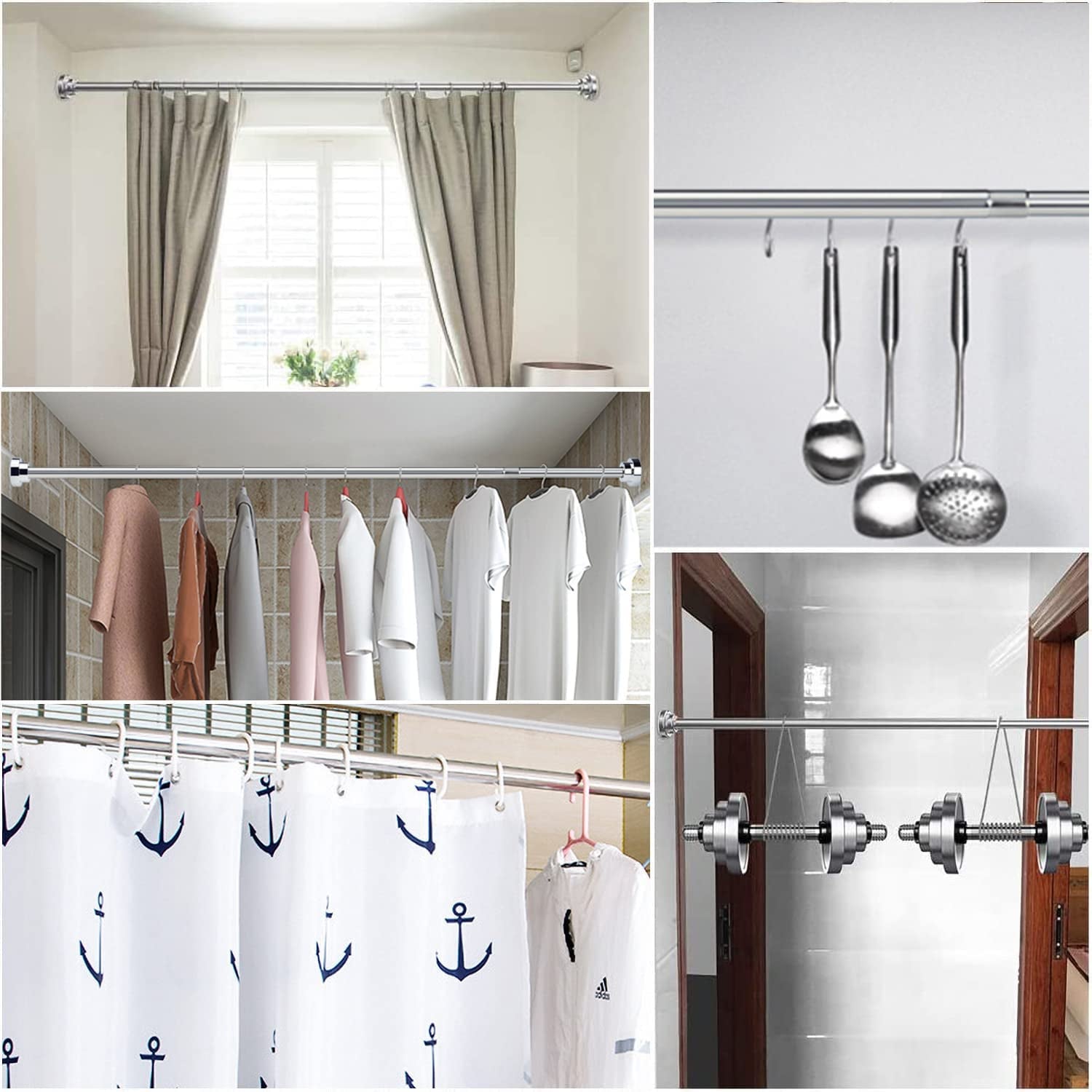 Shower Curtain Rod，Tension Curtain Rod,Stainless Steel Shower Curtain Telescopic Rod, Exemption of Punching Clothes, Wardrobe Rods, Bathroom Kitchen Balcony (60Cm)