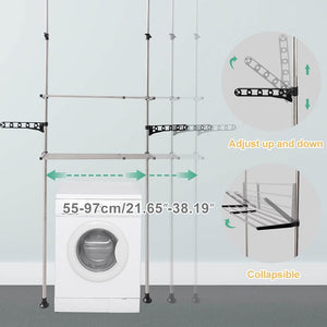 2-Layer Expandable Laundry Shelf over Washing Machine Storage Rack Tension Pole Space Saver Bathroom Organizer with Towels Clothes Hanger Hook