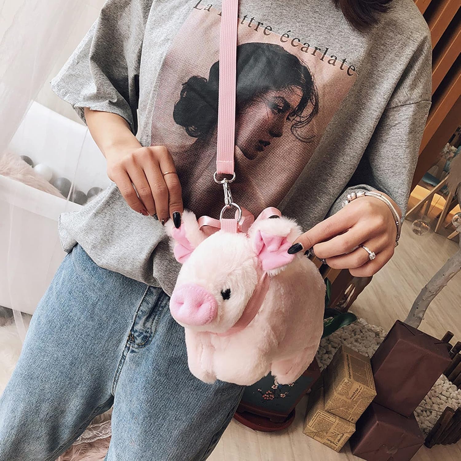 Plush Pig Crossbody Bag Cartoon Shoulder Bag Plush Animal Satchel Bag Kawaii Purse Handbag Messenger Bag for Kids Birthday Gift, Pink, Pink, Size M
