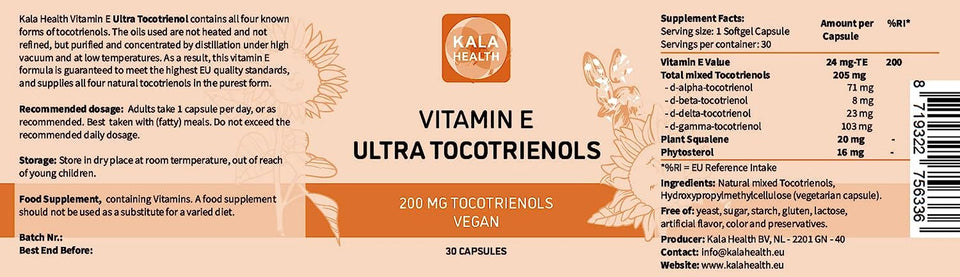 Ultra Tocotrienol 200Mg Vitamin E Vegan – All 4 Tocotrienols - Alpha Tocotrienol + Beta Tocotrienol + Gamma Tocotrienol + Delta Tocotrienol – No Tocopherols - Unique Tocotrienol Complex (30)
