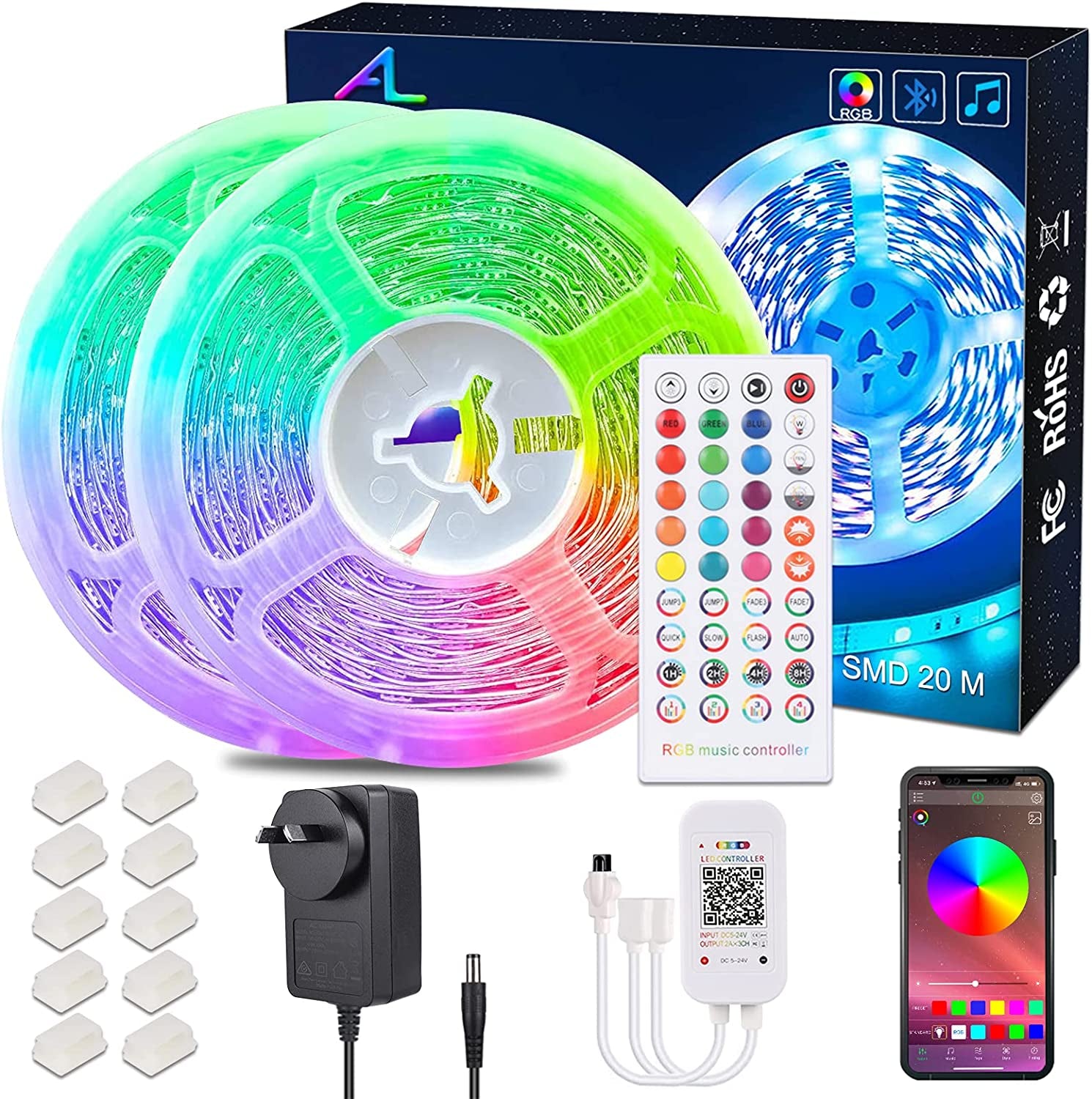 20M/65.6Ft Bluetooth Led Strip Light? Music Sync Flexible Color Changing RGB 5050 12V Rope Light Strips Kit with IR Remote App Control for Home, DIY Decoration