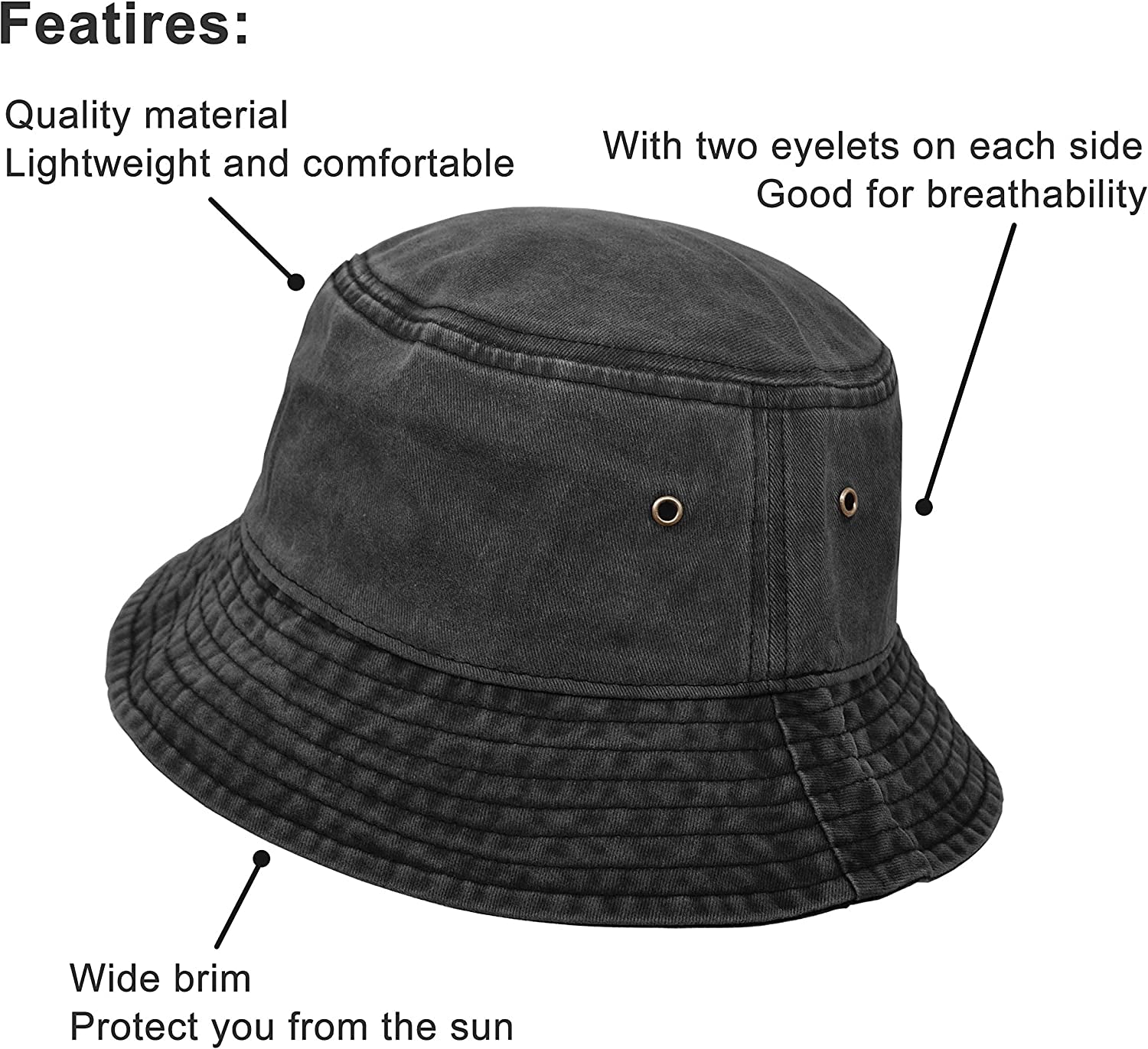 Bucket Hat, Wide Brim Washed Denim Cotton Outdoor Sun Hat Flat Top Cap for Fishing Hiking Beach Sports