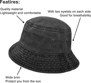 Bucket Hat, Wide Brim Washed Denim Cotton Outdoor Sun Hat Flat Top Cap for Fishing Hiking Beach Sports