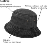 Bucket Hat, Wide Brim Washed Denim Cotton Outdoor Sun Hat Flat Top Cap for Fishing Hiking Beach Sports
