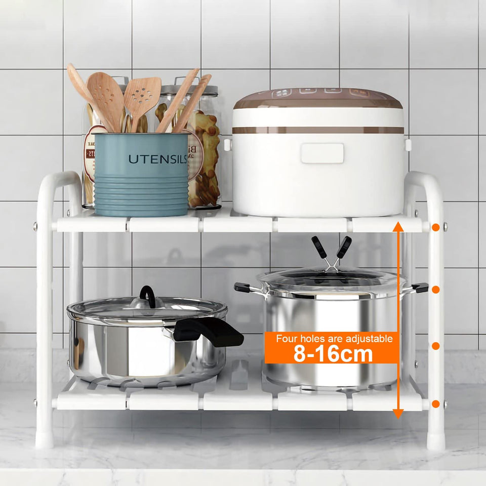 under Sink Shelf,2-Tier Adjustable and Expandable under Sink Organizer,Stainless Steel Sink Storage Rack,Multifunctional Drain Rack,Shelf for Kitchen,Pantry,Plates,Bathroom,Drawers and Cabinets (White)