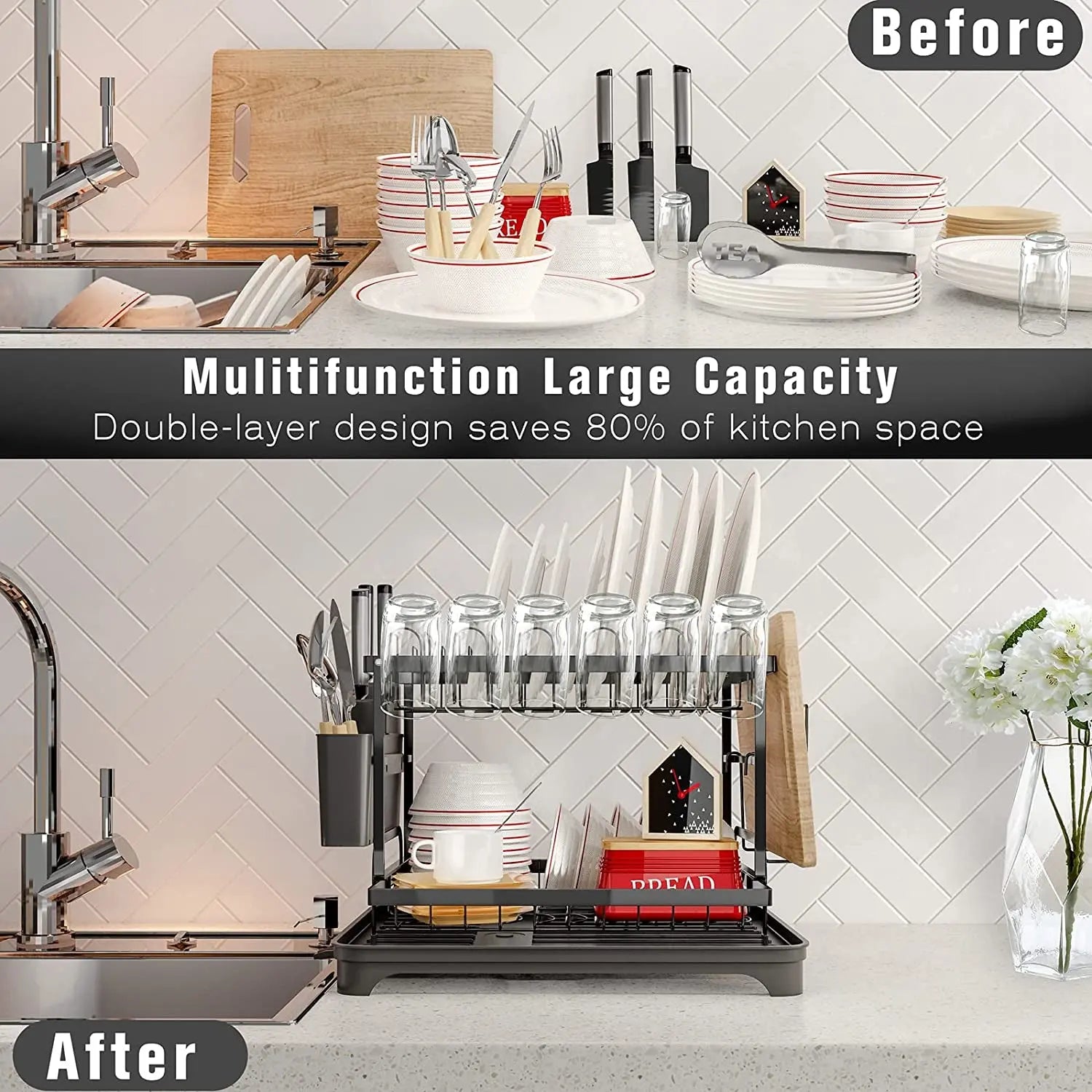 Dish Drying Rack, Dish Rack for Kitchen Counter, Dish Drainers for Kitchen Storage & Organisation with Cup Holder, Large Capacity Dish Rack and Drainboard Set