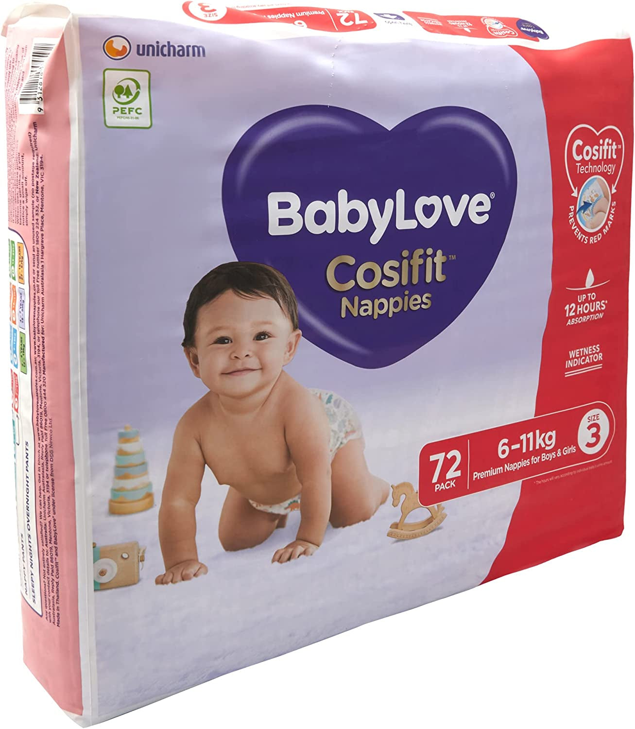 Babylove 216 Piece (3 Pack X 72) 1 Month Supply Premium Cosifit Nappies Size 3 Crawler 6-11Kg