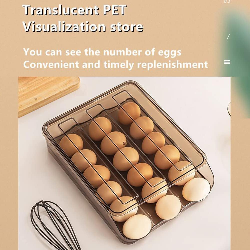 Automatic Rolling Egg Tray Storage Box Kitchen Stackable Holder Storage Container with Lid for Refrigerator Large Capacity Household Egg Fresh Tray Fridge Dispenser Organizer Bin Transparent (3-Tier)