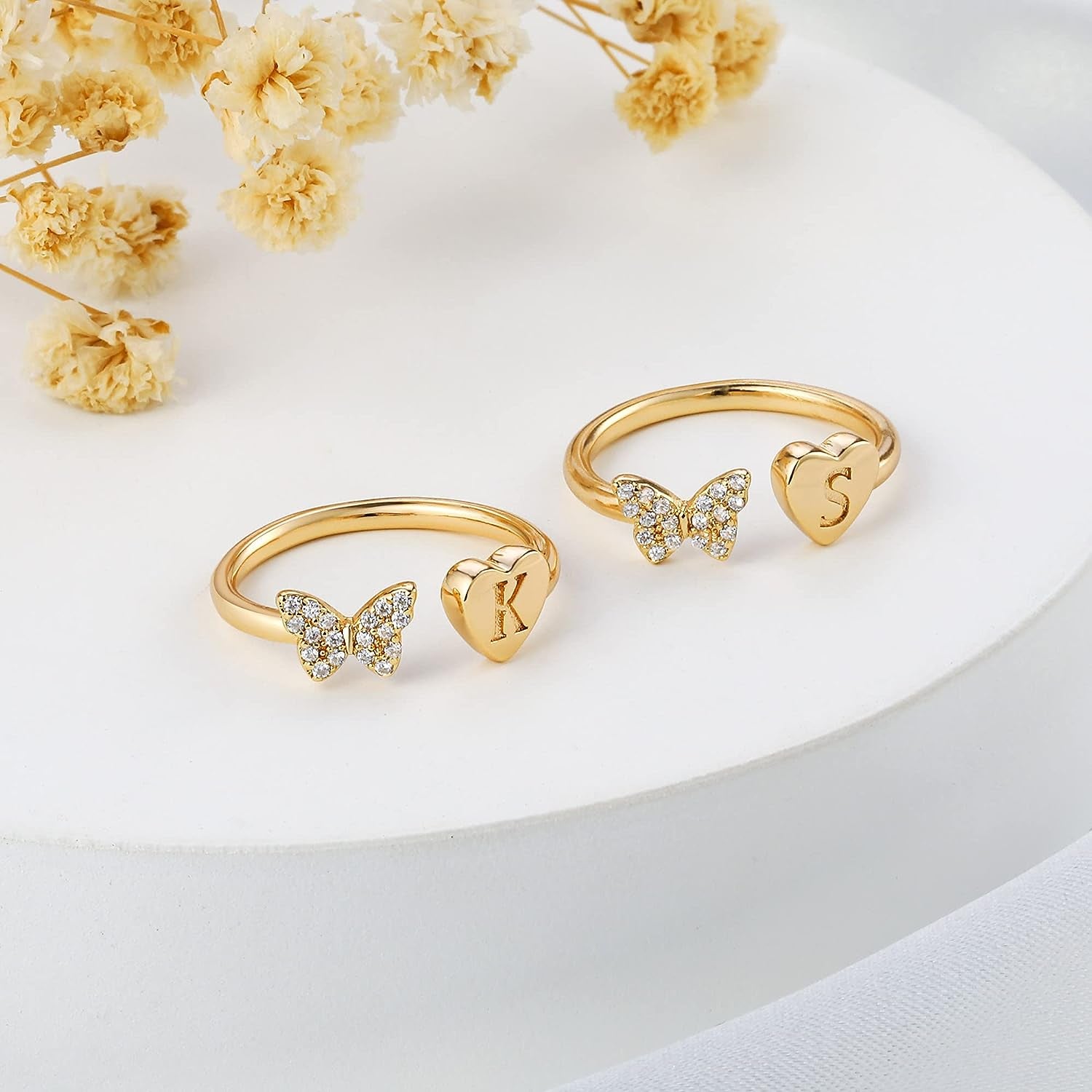 Stackable Initial Rings for Women Girls, Rose Gold Plated Butterfly Capital Letter Initial Rings for Women Teens Girls Letter Rings Stackable Rings for Girls Teen Girls