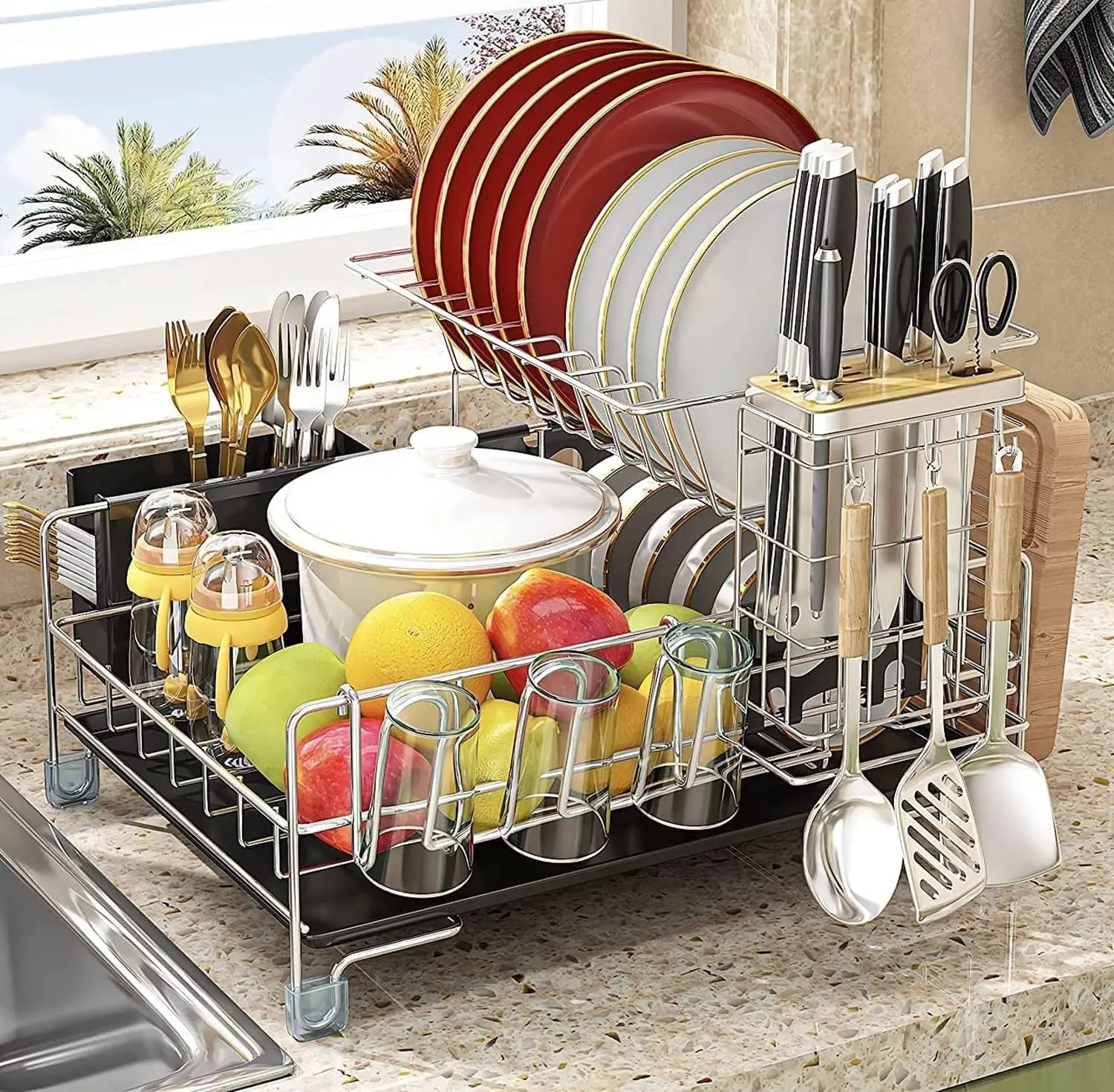 2-Tier Stainless Steel Dish Drying Rack with Draining Board - Detachable Rustproof Cutlery Rack with Utensil Holders, Knife Holder, Cup Holder for Kitchen Storage & Organisation
