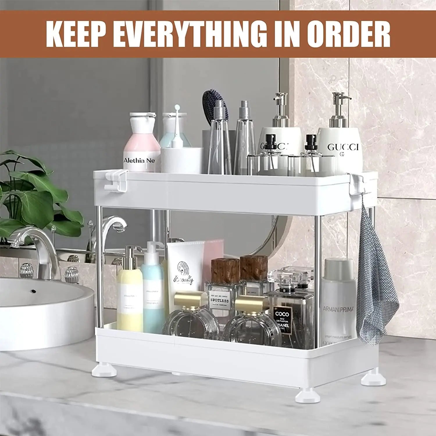 under Sink Organizer Storage,2 Tier Bathroom Organizer Kitchen Storage Rack with Hooks, Hanging Cup, Dividers,Multi-Purpose Bath Collection Baskets for Bathroom Kitchen (White)