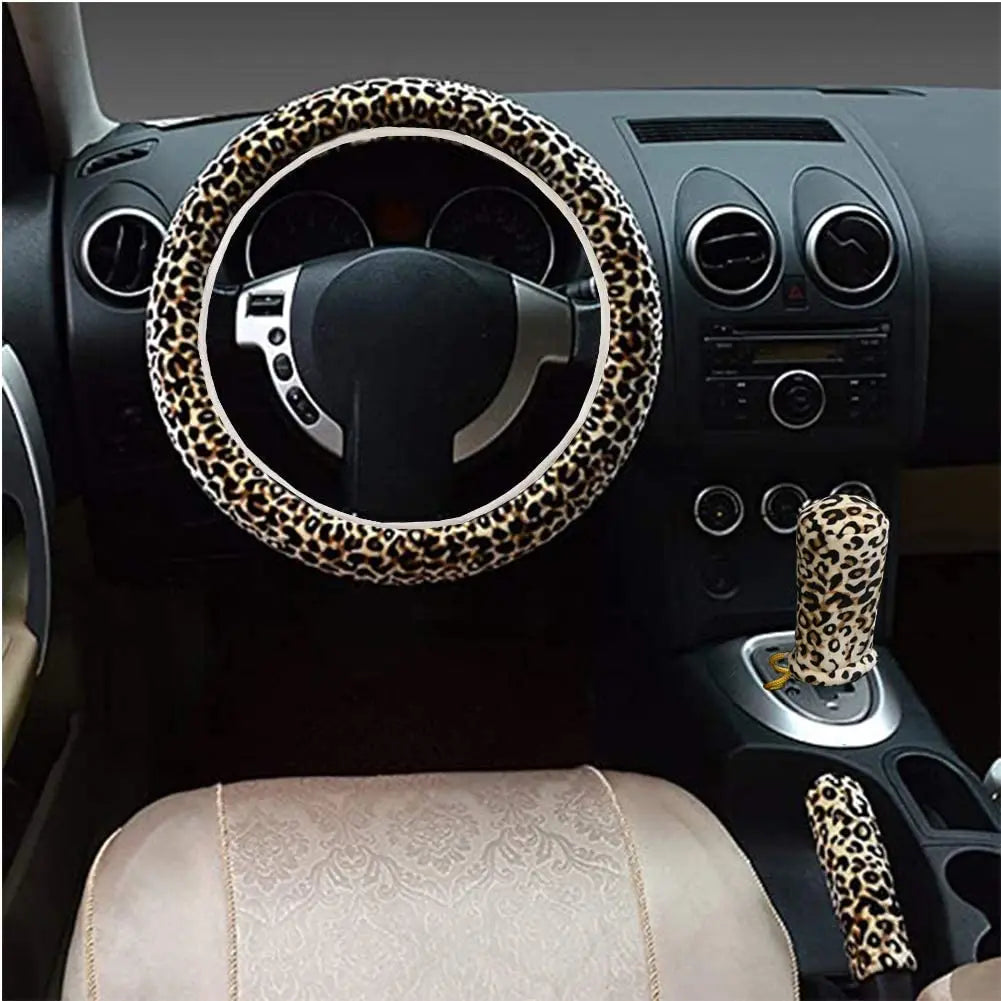 Non-Slip Elastic Steering Wheel Cover with Handbrake Cover Gear Shift Cover,Leopard Print Car Interior Accessories 15"1 Set 3 Pcs pattanaustralia