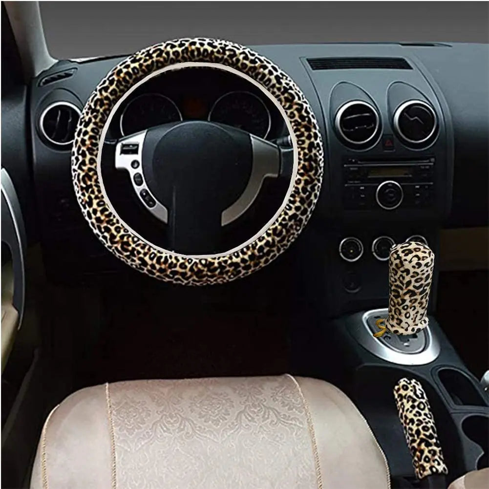 Non-Slip Elastic Steering Wheel Cover with Handbrake Cover Gear Shift Cover,Leopard Print Car Interior Accessories 15