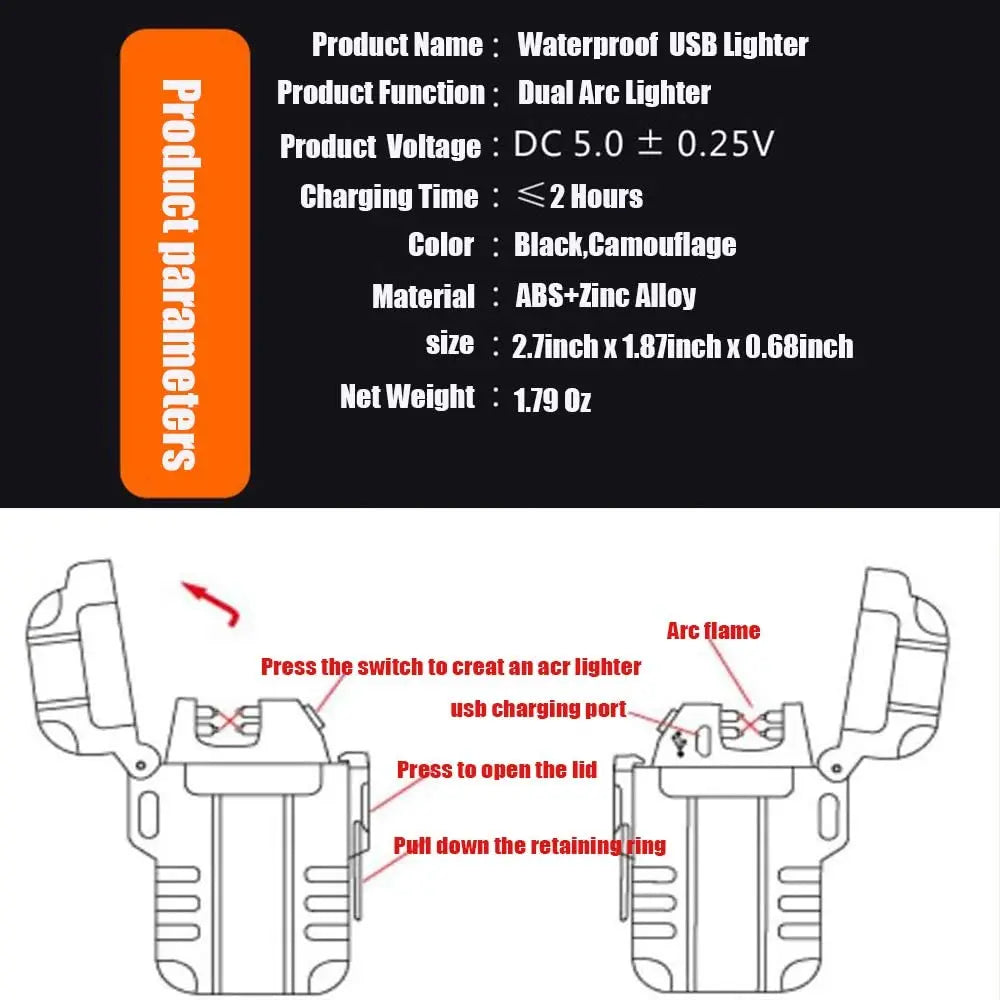 Waterproof Dual Arc Lighter,USB Rechargeable Windproof Flameless Electric Lighter with Lanyard for Outdoors Adventure Camping Hiking Hunting pattanaustralia