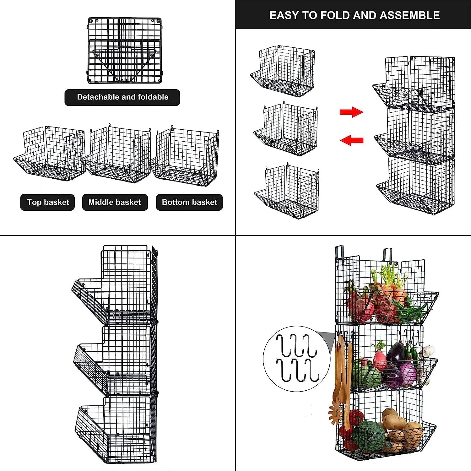 Fruit Vegetable Storage Basket for Kitchen, 3 Tier Stackable Wall Mount & Countertop & Hanging Metal Wire Baskets Organiser with Hooks, Kitchen Produce Tiered Counter Organizer Bin Rack(Black)
