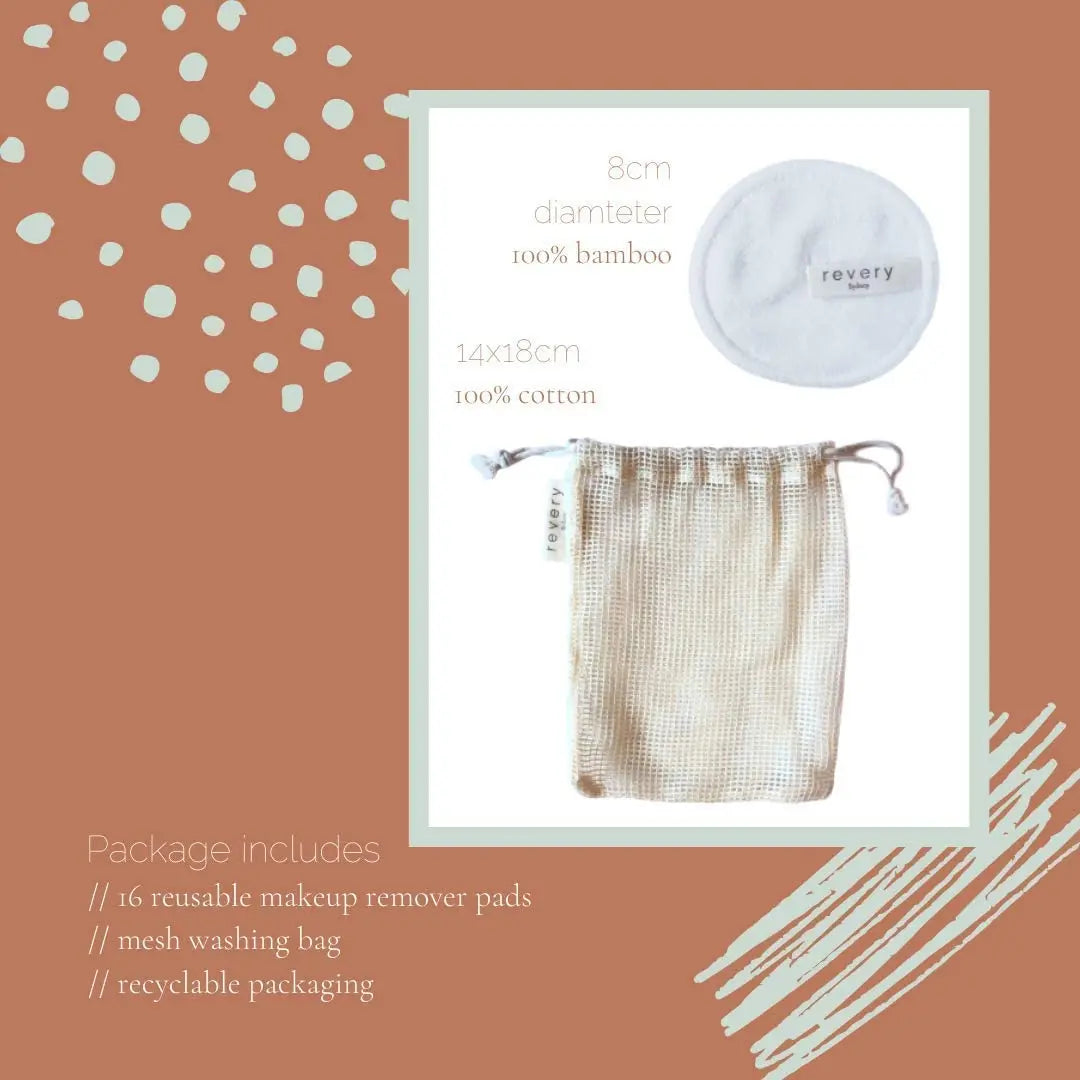 Revery Sydney Bamboo Cotton Reusable Makeup Remover Pads, 16 pack Pattan Australia