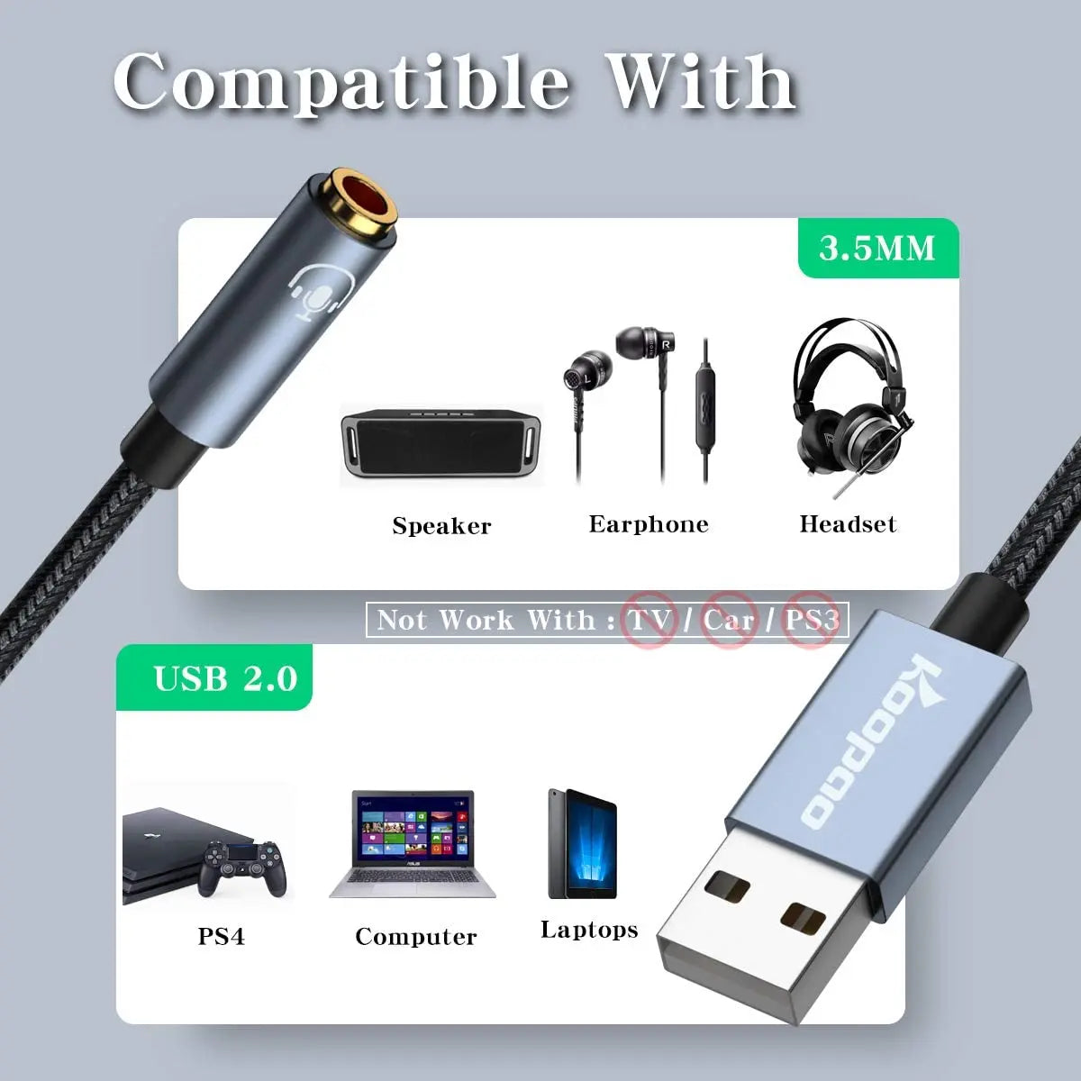 USB to 3.5mm Jack Audio Adapter, Koopao 2in1 External USB Sound Card, 3.5mm Aux to USB to Audio Jack Sound Adapter Jack for PC, PS4, Laptop pattanaustralia