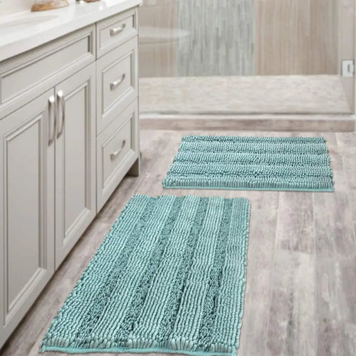 Chenille Non Slip Bath Mat Set Extra Thick, Soft Striped Bath Rug, Water Absorbent - 2 Piece Eggshell Blue Pattan Australia