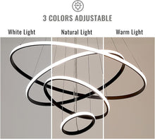 Load image into Gallery viewer, LED Modern Chandeliers Adjustable 3 Colors Dimmable Ceiling Lighting Fixture 3 White Rings Hanging Led Modern Pendant Light for Bedroom Living Dining Room Kitchen Foyer (Gold, 20+40+60Cm)
