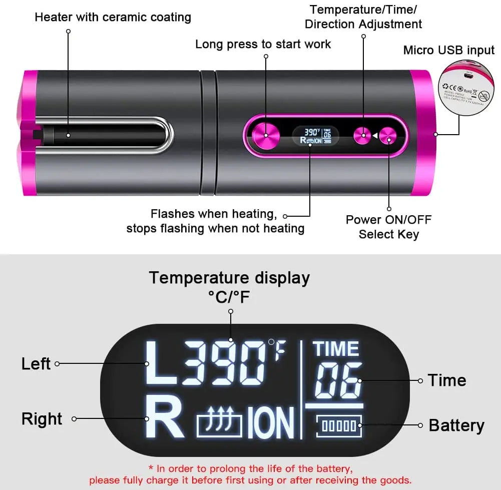 Runsnail Cordless Auto Hair Curler, LED Temperature Display and Timer/USB Rechargeable Pattan Australia