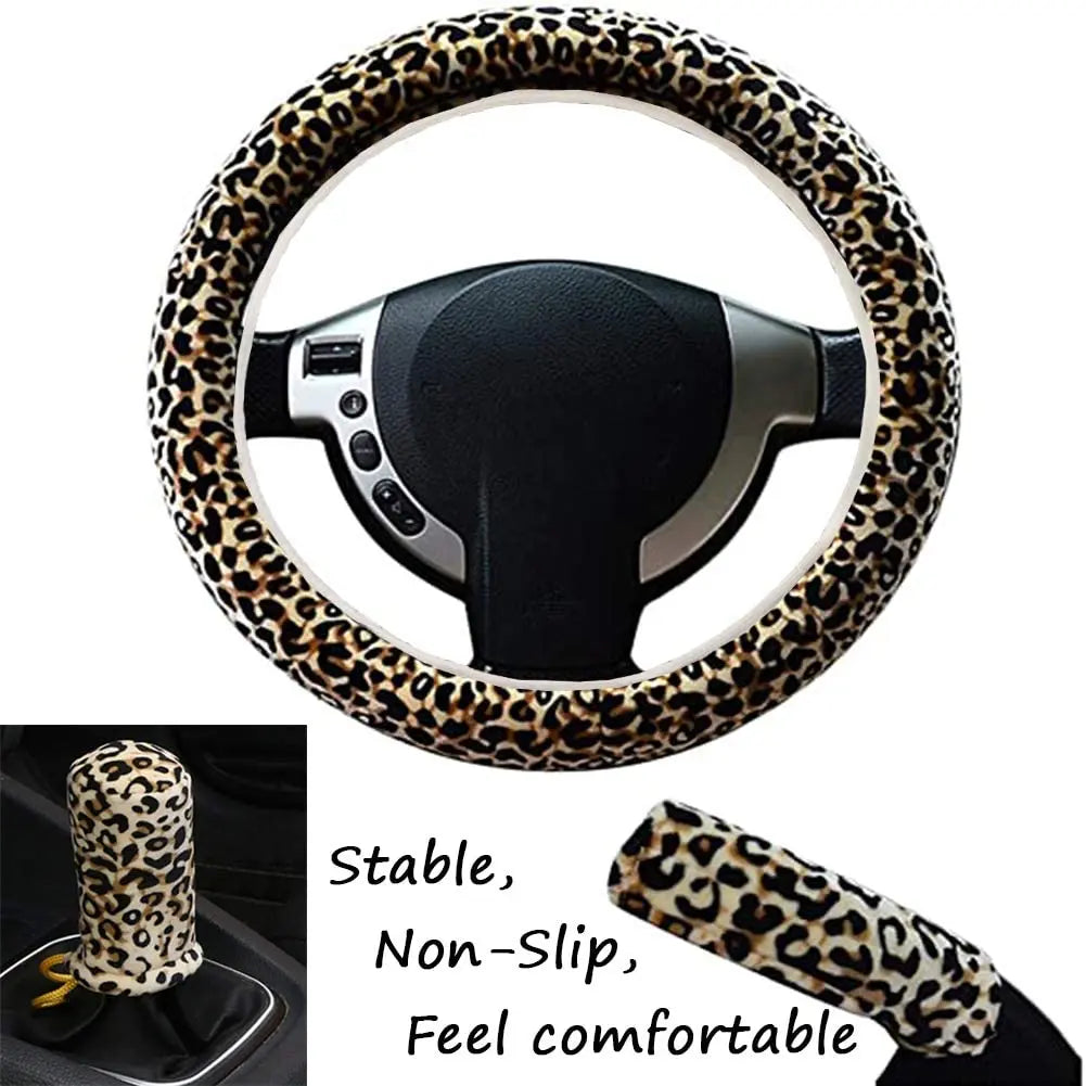 Non-Slip Elastic Steering Wheel Cover with Handbrake Cover Gear Shift Cover,Leopard Print Car Interior Accessories 15"1 Set 3 Pcs pattanaustralia