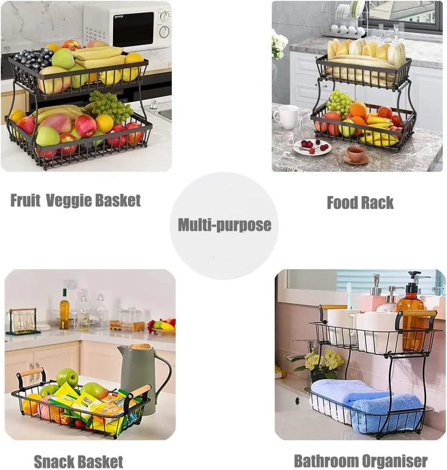Metal Wire Two Tier Home and Kitchen Storage & Organisation Rack, Stackable Snack Table Organiser Rack, Detachable Bathroom Organiser Basket, Black
